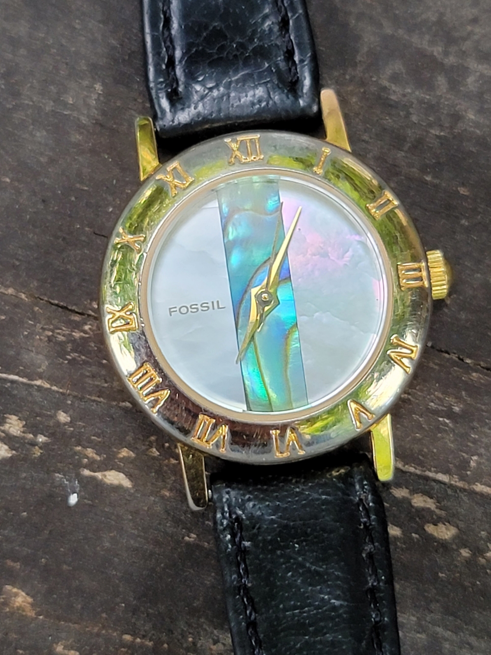 Vintage Fossil Gold Tone Watch with Mother-of-Pearl and Abalone Accent